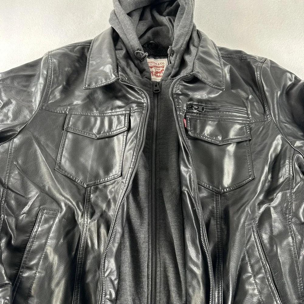 Levi's Jacket Mens 2XL Black Faux Leather Hooded Sherpa Lined Full Zip Moto
